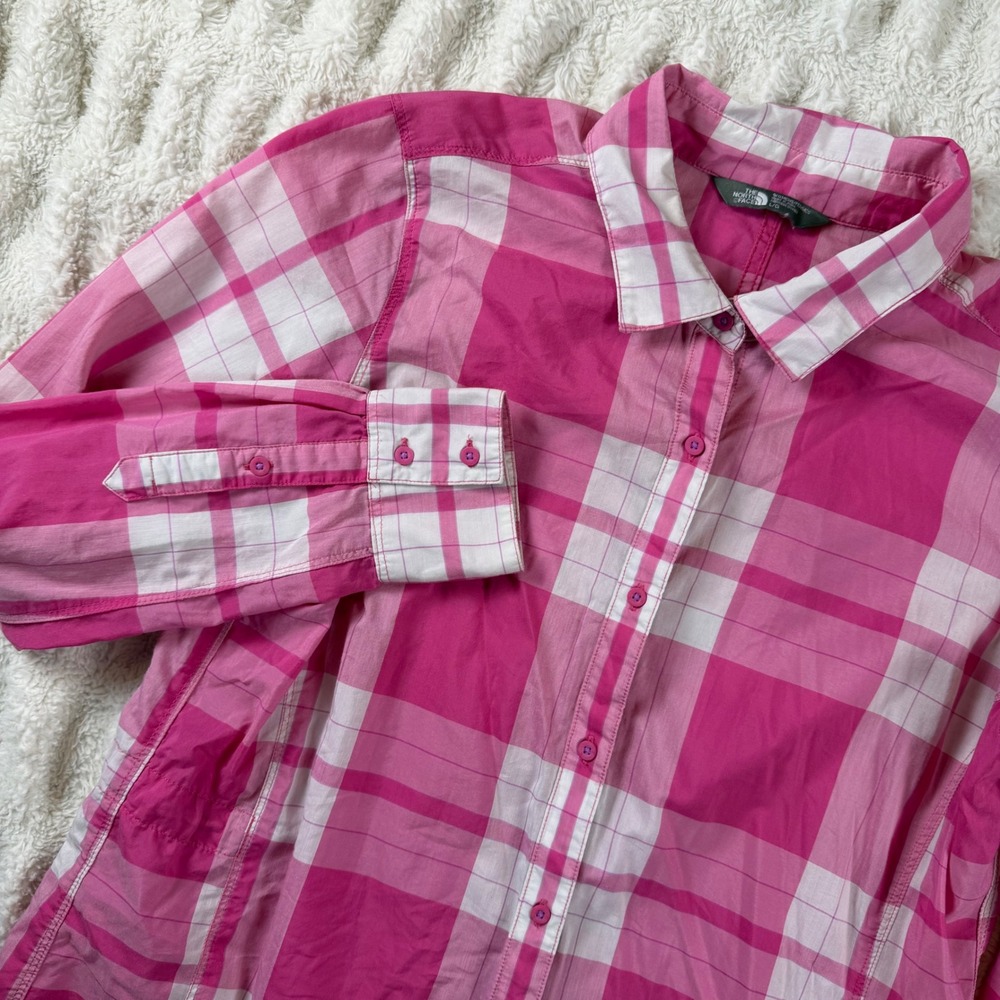 The North Face Womens Pink White Plaid Long Sleeve Button Down Hiking Shirt L